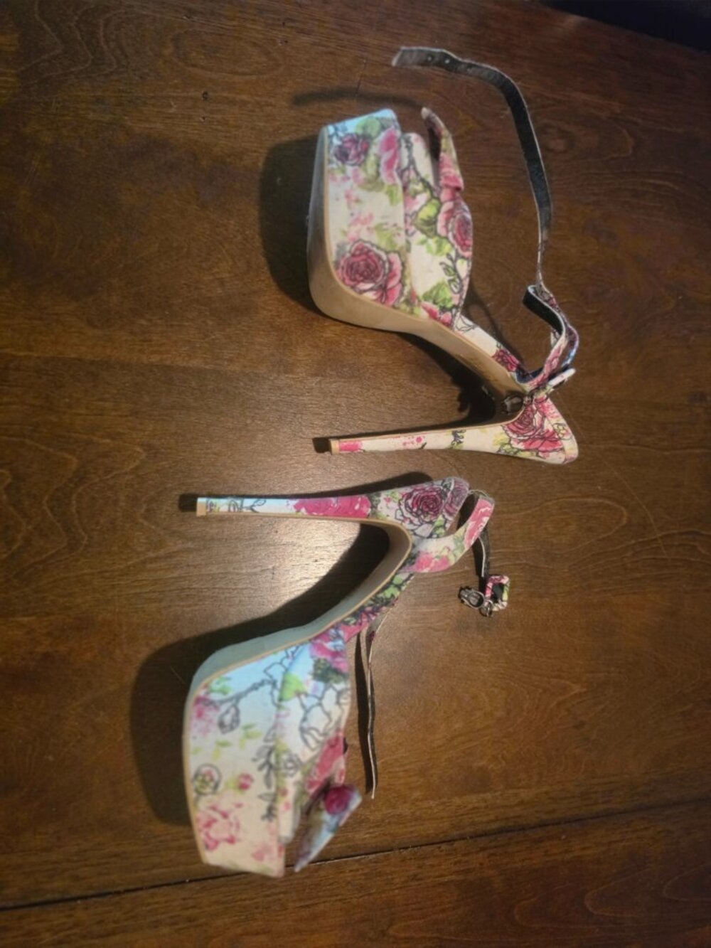 Iron Fist Pink Floral Bow Heels — Ankle Strap — Vintage Pin‑Up Vibes Rare Size 9 - Picture 2 of 6
